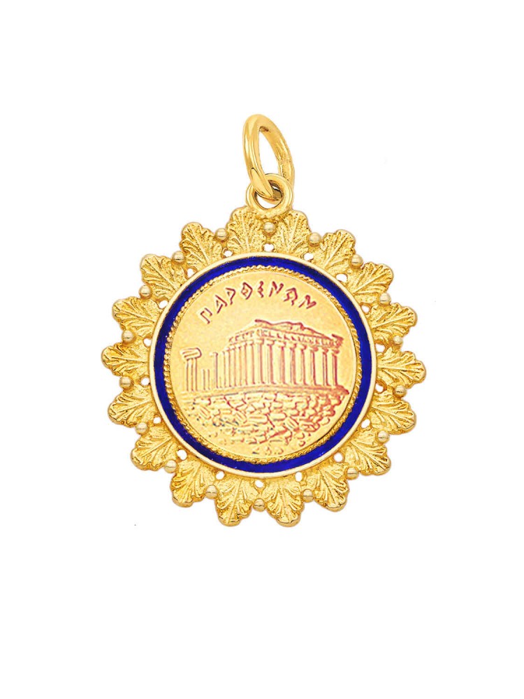 Παρθενώνας - Μενταγιόν Nόμισμα Στεφάνι με Σμάλτο, χρυσός 14k