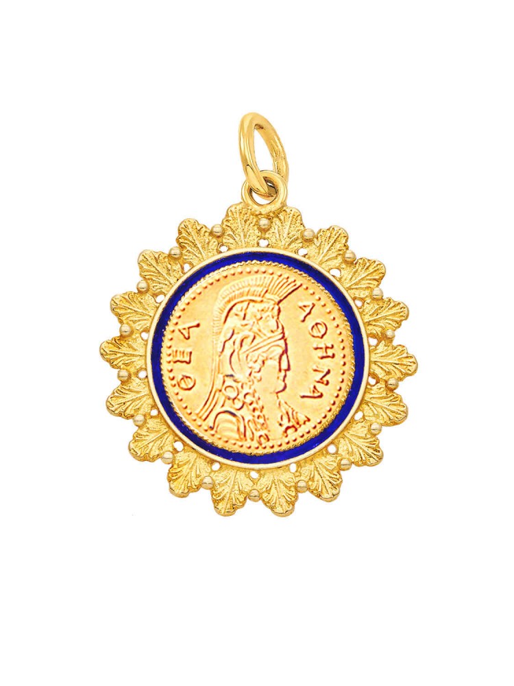 Αθηνά - Μενταγιόν Nόμισμα Στεφάνι με Σμάλτο, χρυσός 14k