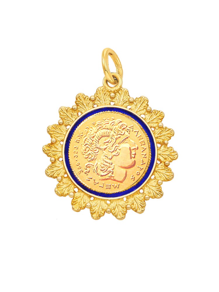 Μέγας Αλέξανδρος - Μενταγιόν Nόμισμα Στεφάνι με Σμάλτο, χρυσός 14k