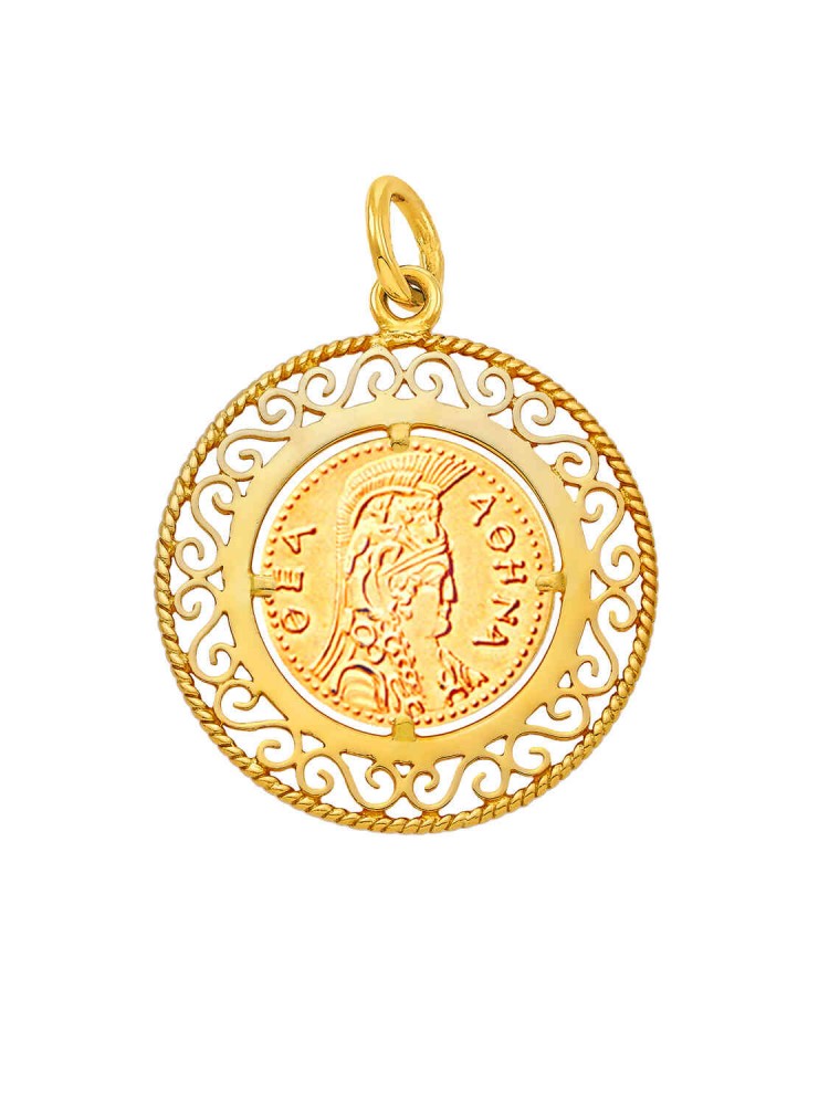 Αθηνά - Μενταγιόν Nόμισμα Φιλιγκράν, χρυσός 14k