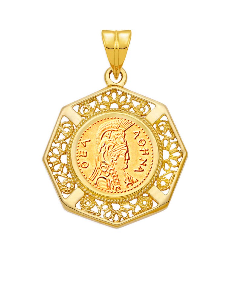 Αθηνά - Μενταγιόν Nόμισμα Φιλιγκράν, χρυσός 14k