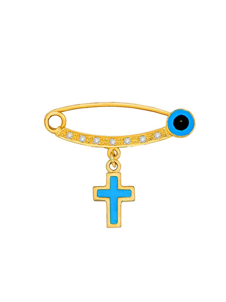 Cross, Enamel Baby Pin with Zircons, in 14k gold