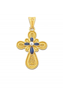 Filigree Handmade Enamel Cross with white Pearl, in 18k gold