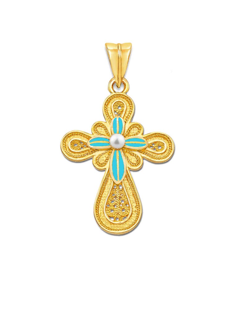 Filigree Handmade Enamel Cross with white Pearl, in 18k gold