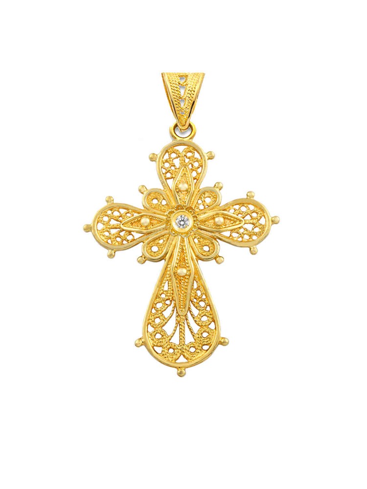 Filigree Handmade Cross with Brilliant, in 18k gold