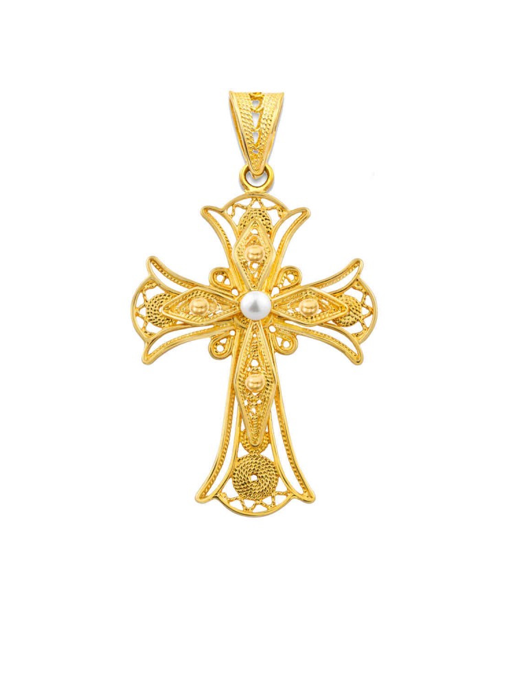 Royal - Filigree Handmade Cross with white Pearl, in 18k gold