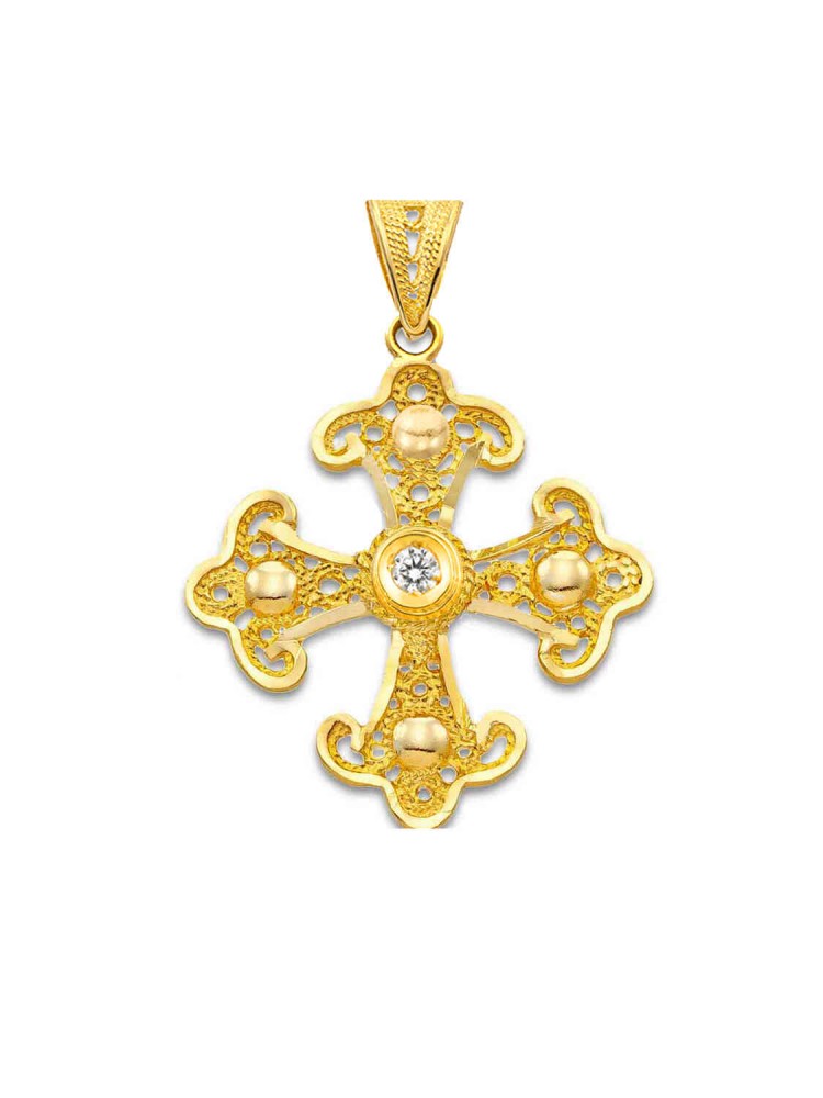 Orthodox - Filigree Handmade Cross with Zircon, in 18k gold