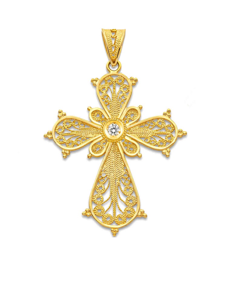Crown - Filigree Handmade Cross with Zircon, in 18k gold