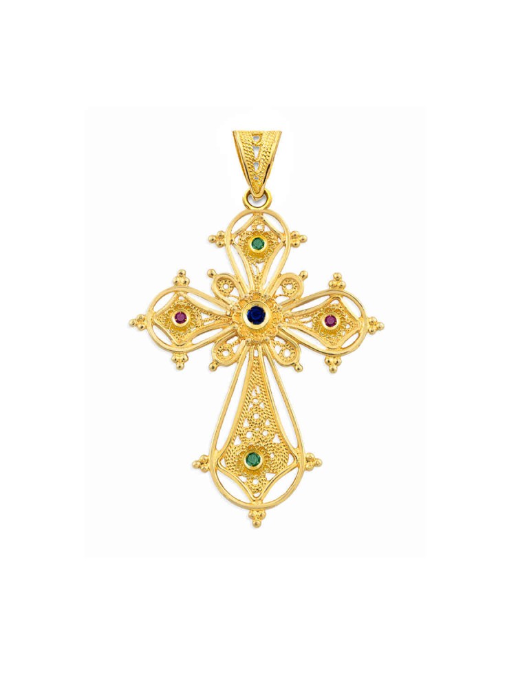 Crown - Filigree Handmade precious Stones Cross, in 18k gold