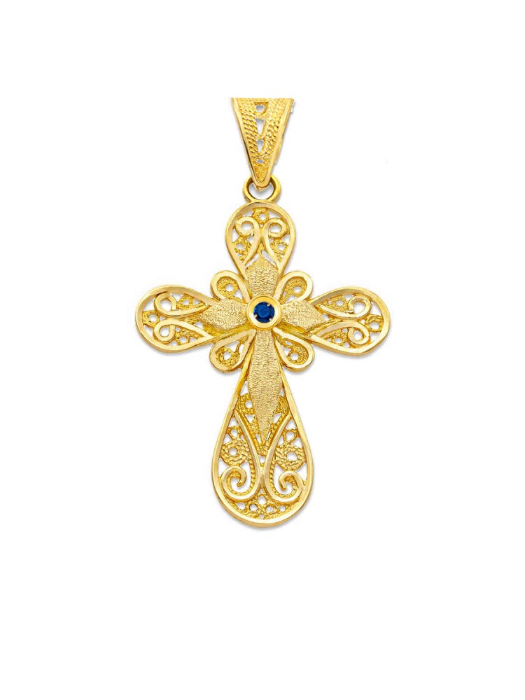 Filigree Handmade Precious Stone Circular Cross, in 18k gold