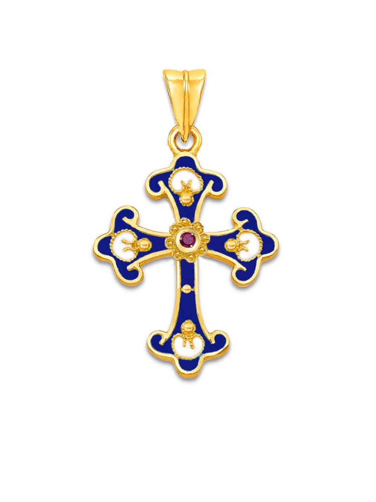 Mosaic - Handmade Ruby Enamel Cross, in 18k gold