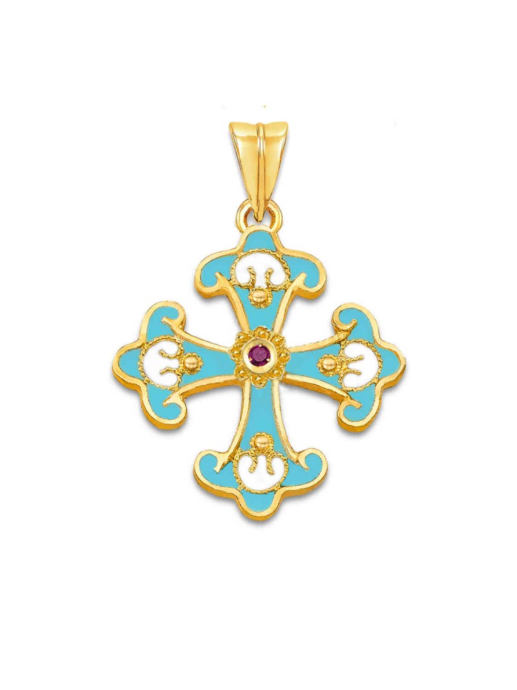 Mosaic - Handmade Ruby Enamel Cross, in 18k gold