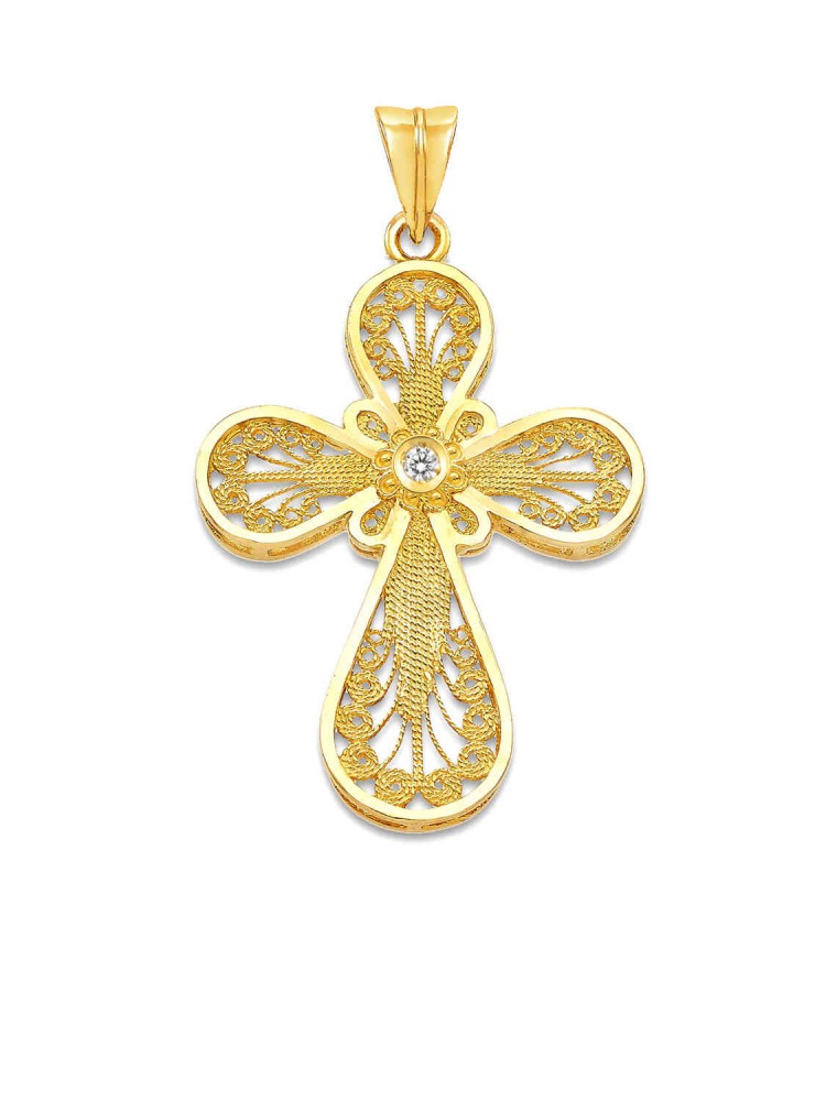 Crown - Filigree Handmade Cross with Zircon, in 14k gold