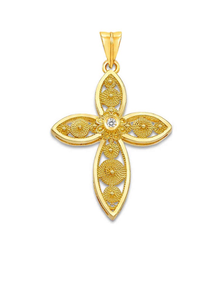 Tear - Filigree Handmade Cross with Zircon, in 14k gold