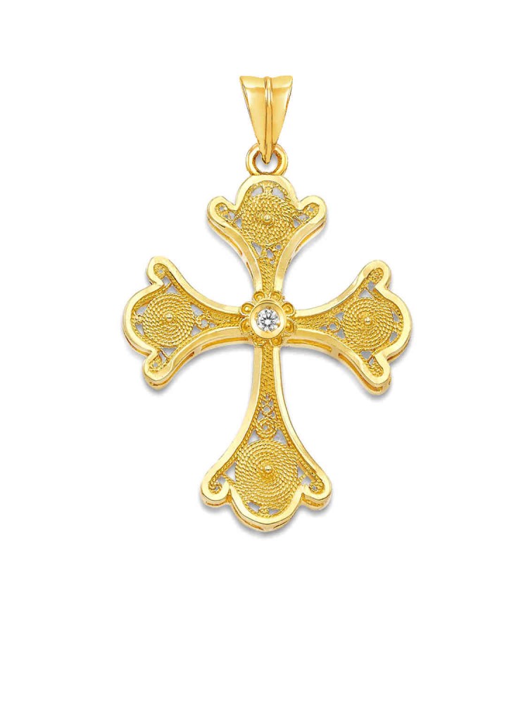 Royal - Filigree Handmade Cross with Zircon, in 14k gold