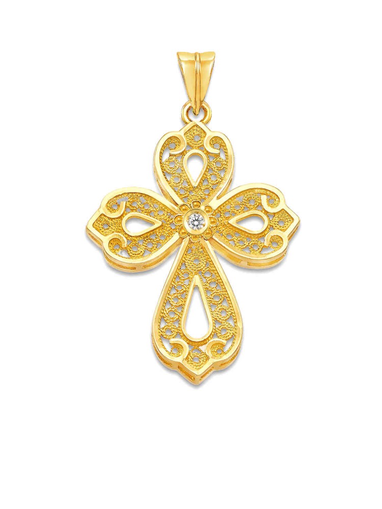 Filigree Handmade Cross with Zircon, in 14k gold