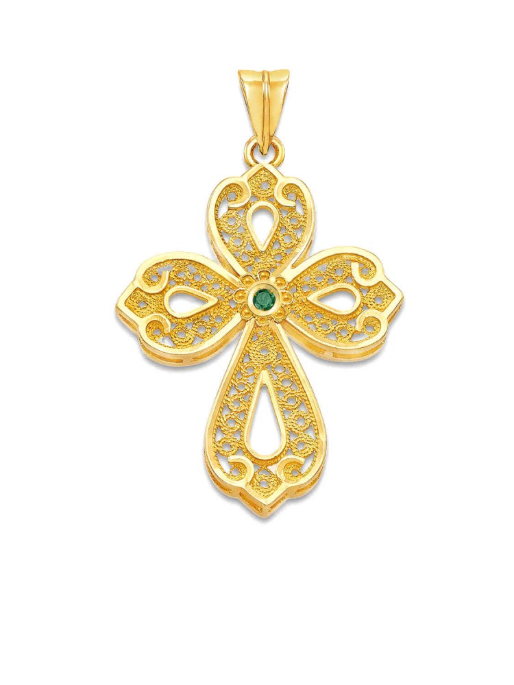 Filigree Handmade precious Stone Cross, in 14k gold
