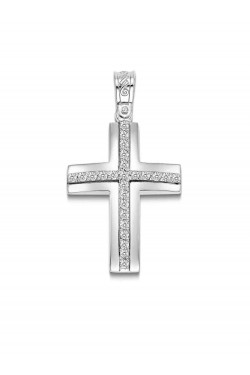 Διπλός Σταυρός με Ζιργκόν, λευκός χρυσός 14k