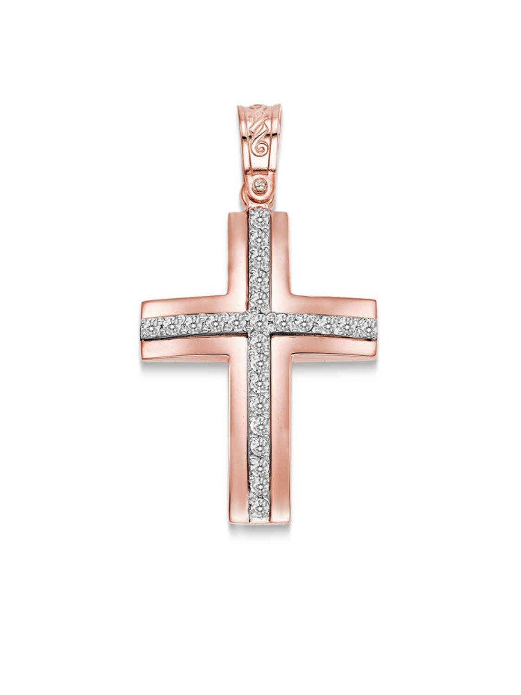 Double Cross with Zircons, in 14k rose gold