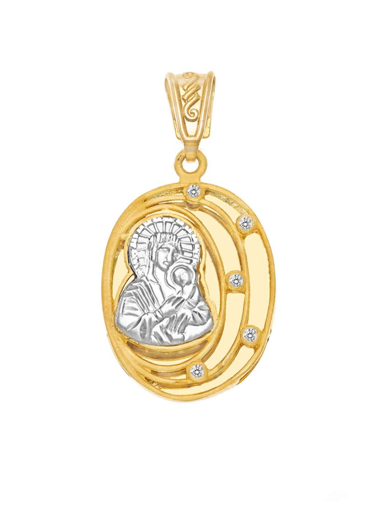 Madonna and Jesus Christ - Handmade Oval Pendant with Zircons, in 14k gold and white gold