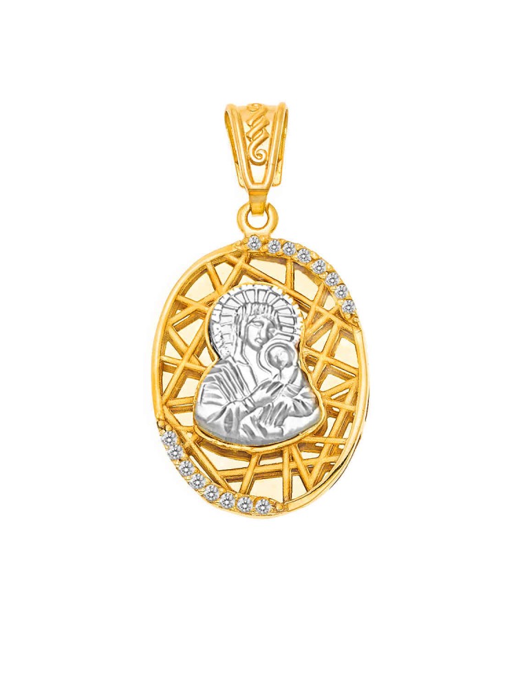 Madonna and Jesus Christ - Handmade Oval Pendant with Zircons, in 14k gold and white gold