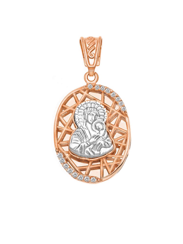 Madonna and Jesus Christ - Handmade Oval Pendant with Zircons, in 14k rose and white gold