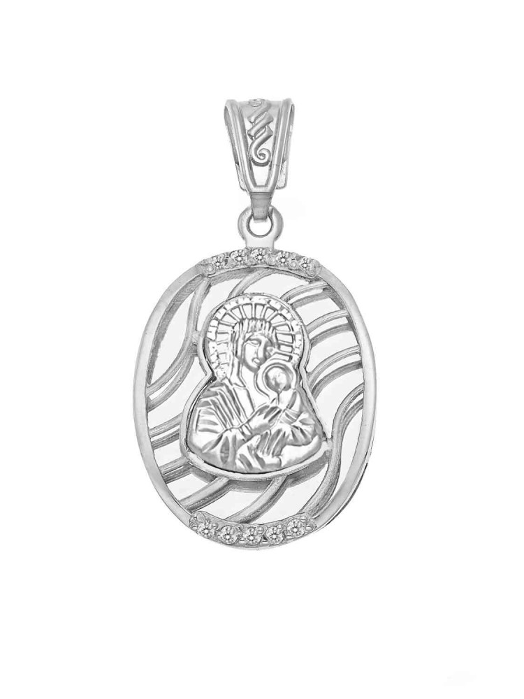 Madonna and Jesus Christ - Handmade Oval Pendant with Zircons, in 14k white gold