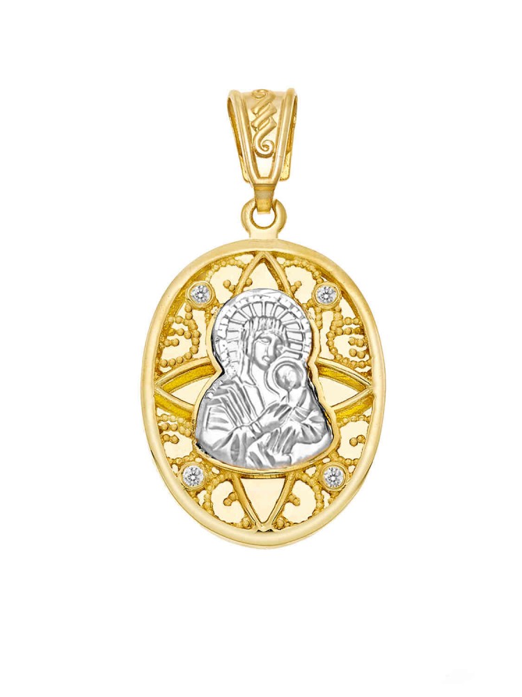 Madonna and Jesus Christ - Handmade Oval Pendant with Zircons, in 14k gold and white gold