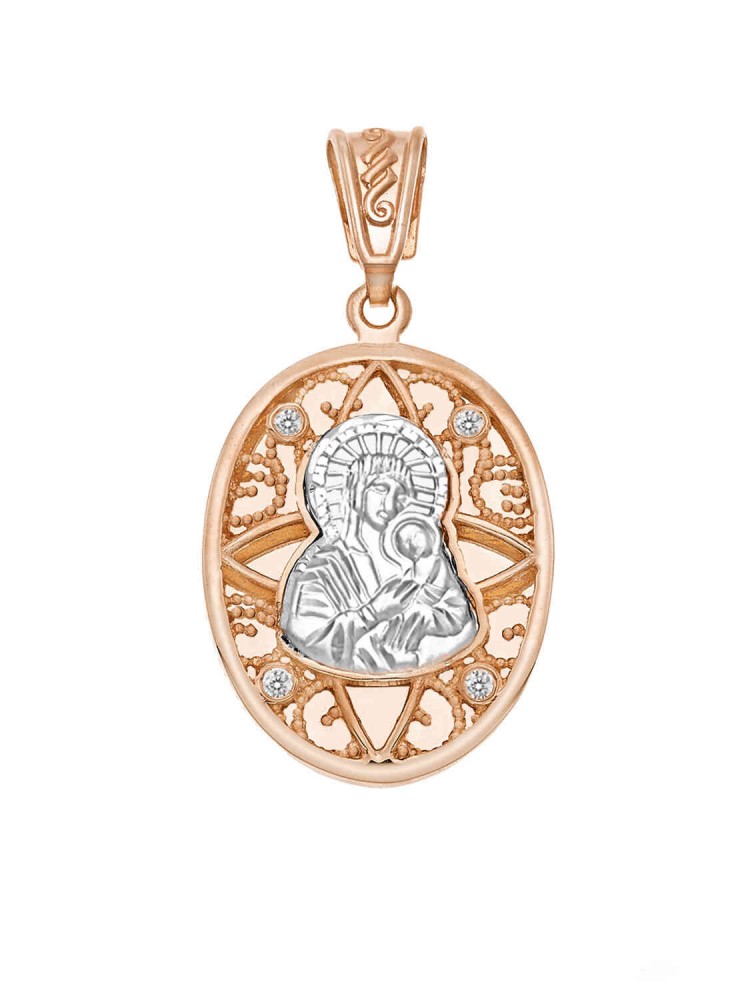 Madonna and Jesus Christ - Handmade Oval Pendant with Zircons, in 14k rose and white gold