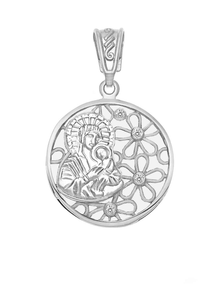 Madonna - Handmade Circular Pendant with Zircons, in 14k white gold