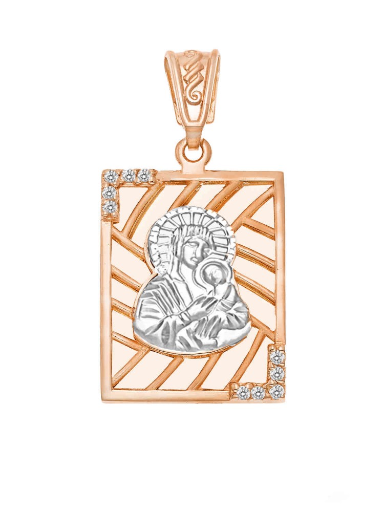 Madonna and Jesus Christ - Handmade Pendant with Zircons, in 14k rose and white gold