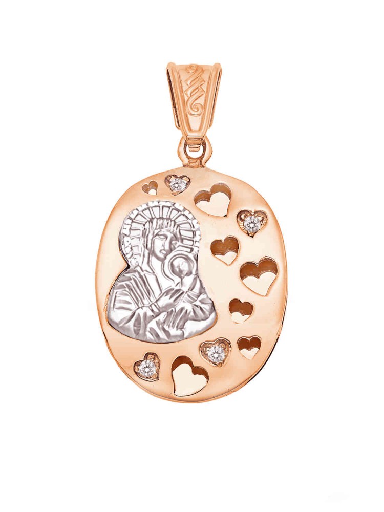 Madonna and Jesus Christ - Handmade Oval Pendant, in 14k rose and white gold