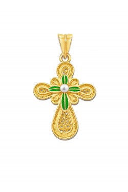 Filigree Handmade Enamel Cross with white Pearl, in 18k gold