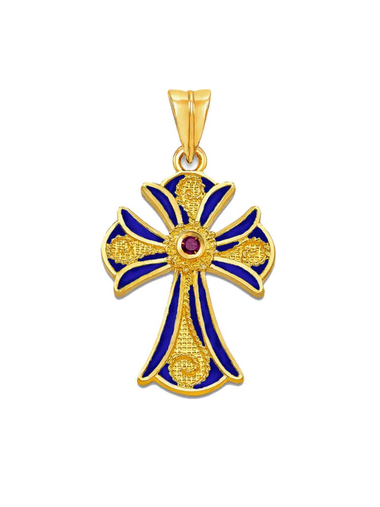 Theofano - Handmade Ruby Enamel Cross, in 18k gold