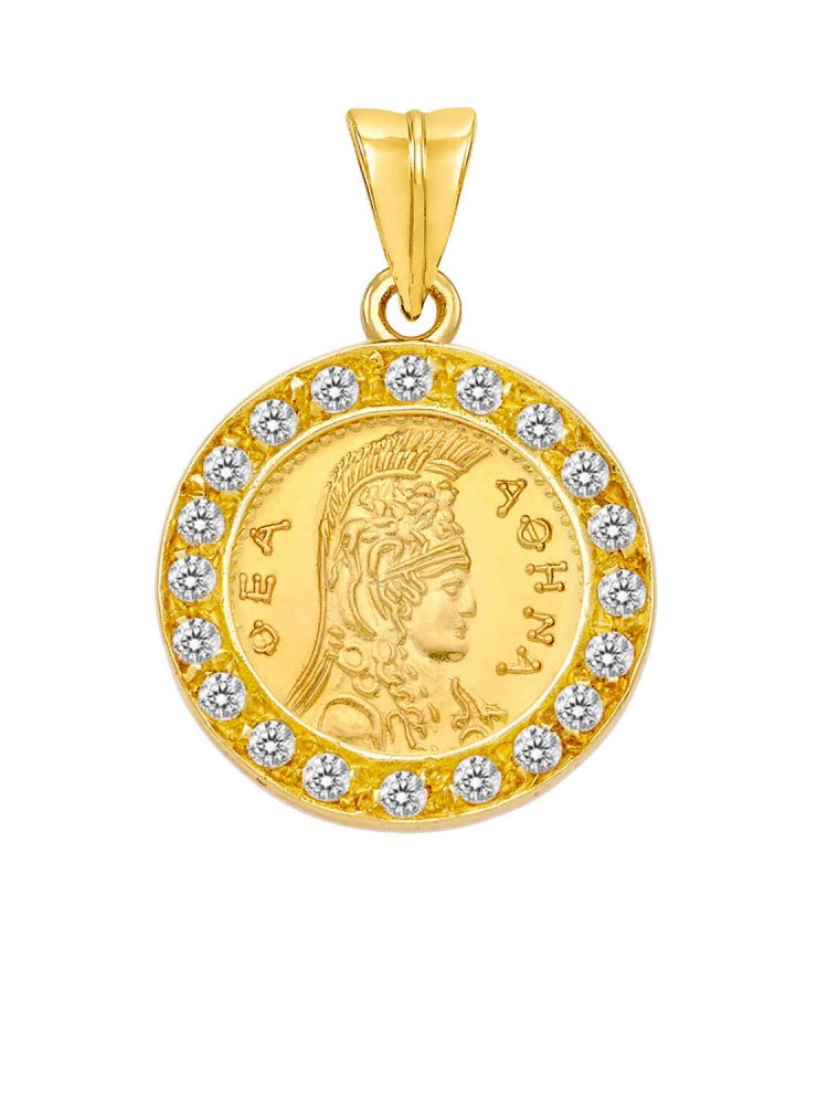 Αθηνά - Μενταγιόν Nόμισμα με ζιργκόν, χρυσός 14k