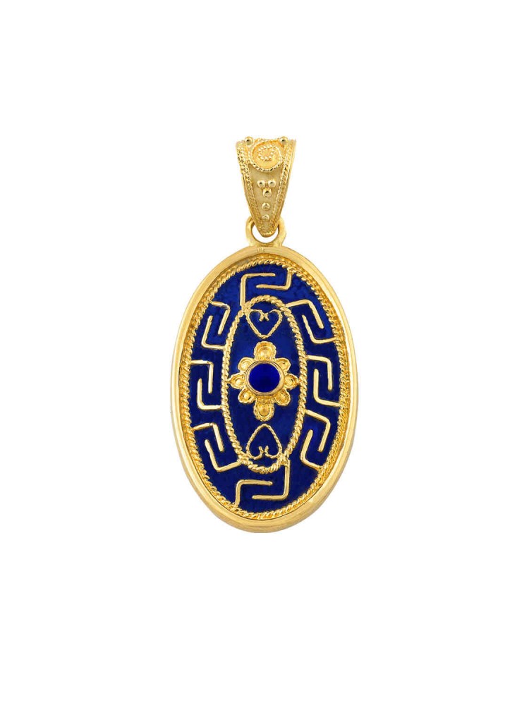 Byzantion - Filigree Oval Pendant with Blue Enamel, in 18k gold