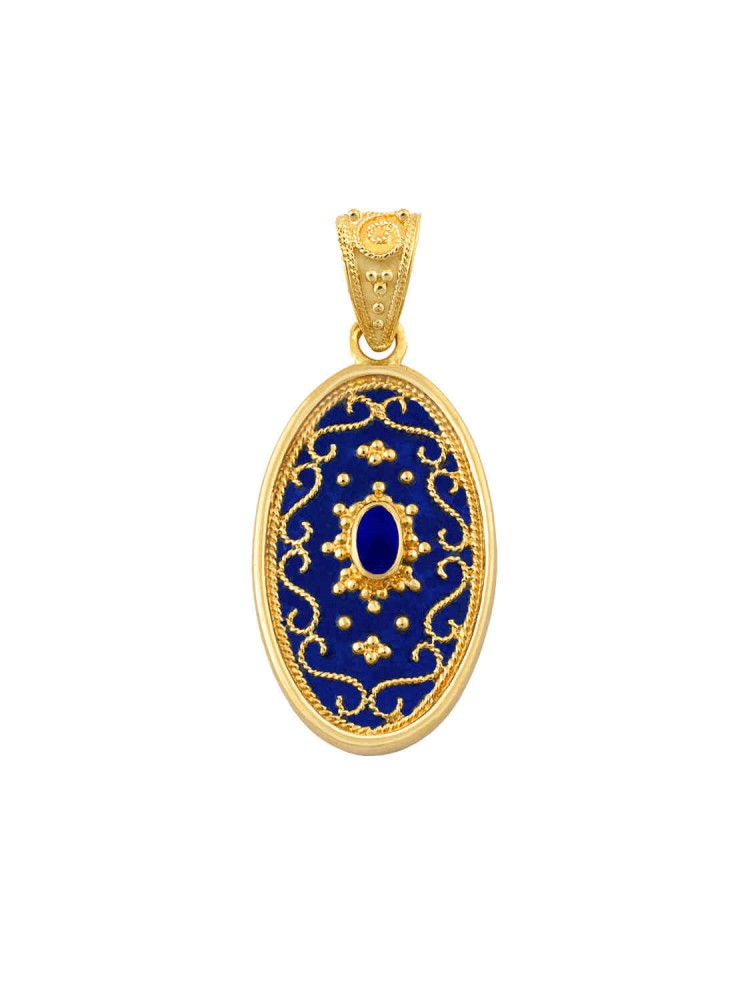 Byzantion - Filigree Oval Pendant with Blue Enamel, in 18k gold
