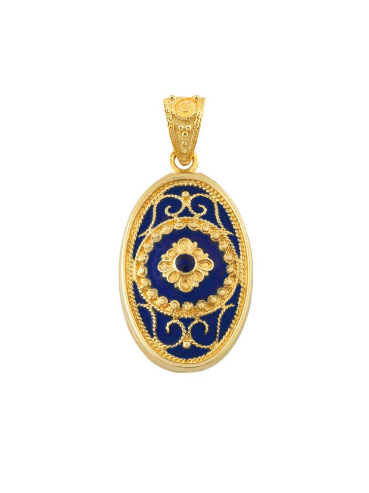 Byzantion - Filigree Oval Pendant with Blue Enamel, in 18k gold