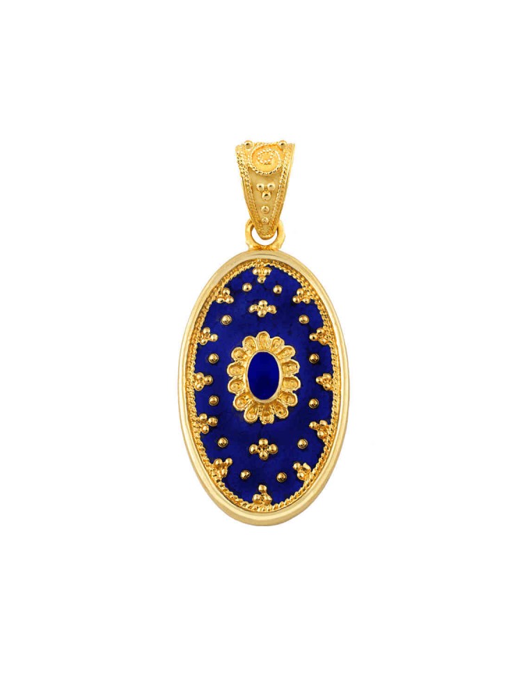 Byzantion - Filigree Oval Pendant with Blue Enamel, in 18k gold