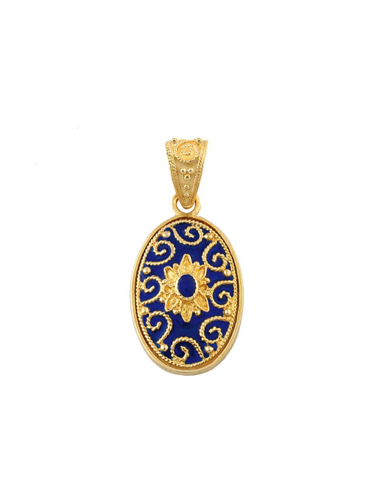 Macedonia - Filigree Oval Pendant with Blue Enamel, in 18k gold