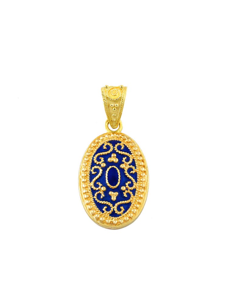 Macedonia - Filigree Oval Pendant with Blue Enamel, in 18k gold