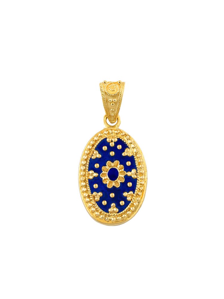 Macedonia - Filigree Oval Pendant with Blue Enamel, in 18k gold