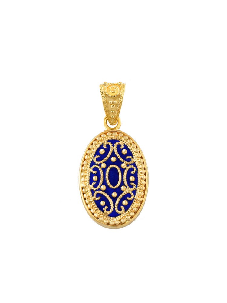 Μακεδονία - Οβάλ Μενταγιόν Φιλιγκράν με μπλέ Σμάλτο, χρυσός 18k